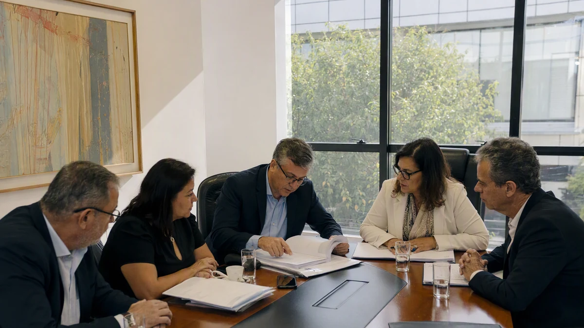 Cinco gestores educacionais adultos reunidos à mesa analisando um documento impresso extenso