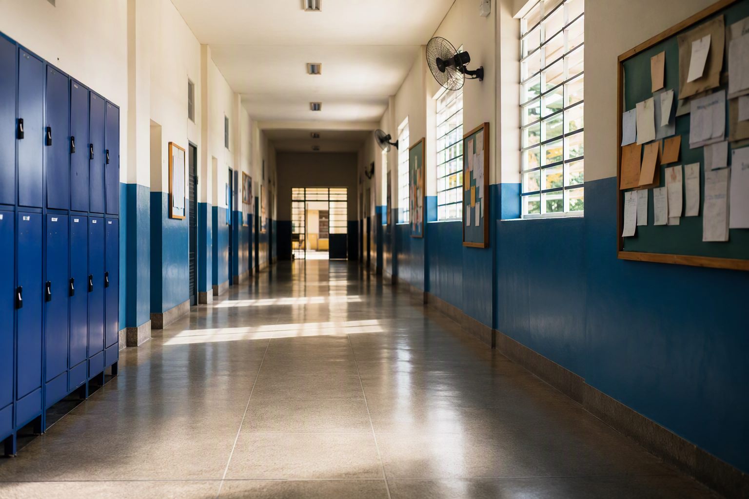 Corredor de uma escola brasileira vazio no início da manhã, com luz suave entrando pelas janelas e armários ao longo da parede.