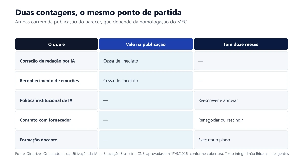 Comparação entre o que passa a valer na publicação e o que tem prazo de doze meses