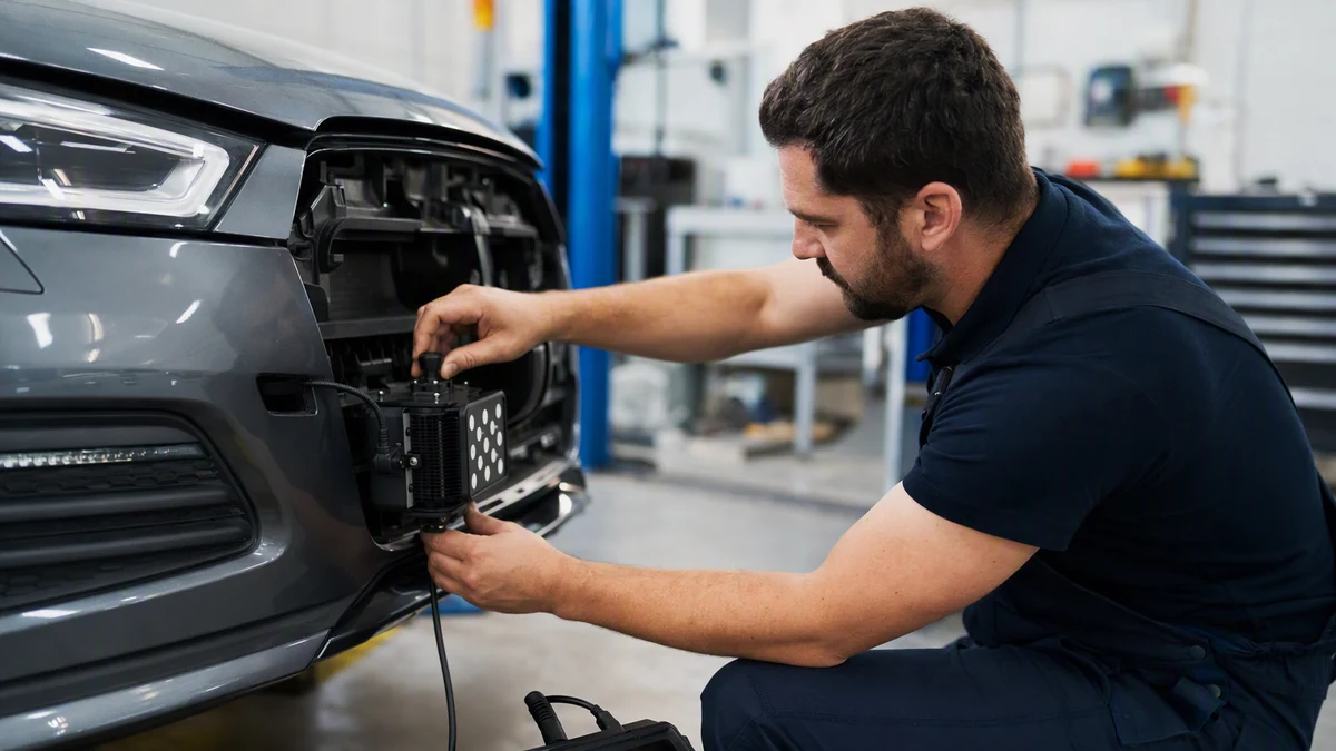 Técnico calibrando sensor de radar no para-choque de um veículo em oficina