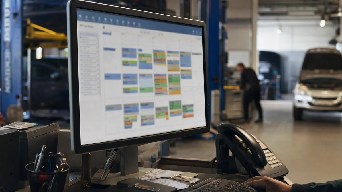 Tela de computador mostrando calendário de agendamento de serviços em uma oficina
