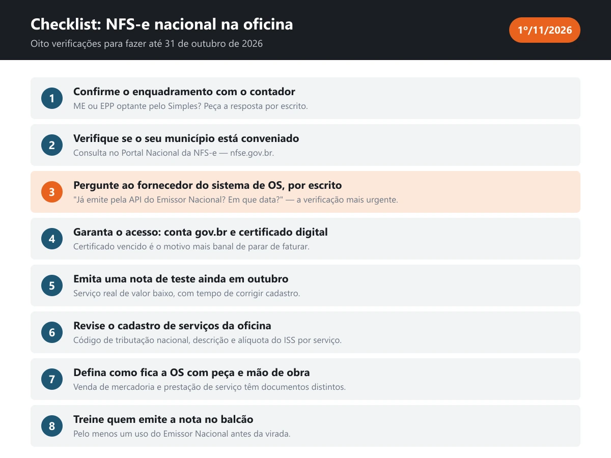 Checklist com oito verificações para a oficina migrar para a NFS-e nacional