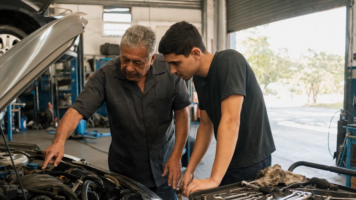 Mecânico experiente orienta aprendiz jovem sobre o motor aberto de um veículo