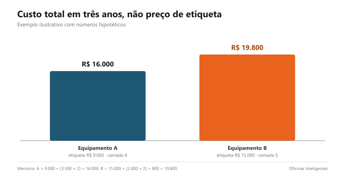 Comparação de custo total de propriedade de dois equipamentos em três anos