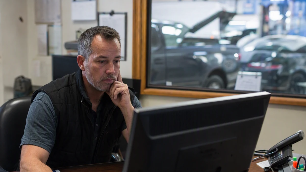 Dono de oficina revisando planilha de faturamento no computador do escritório