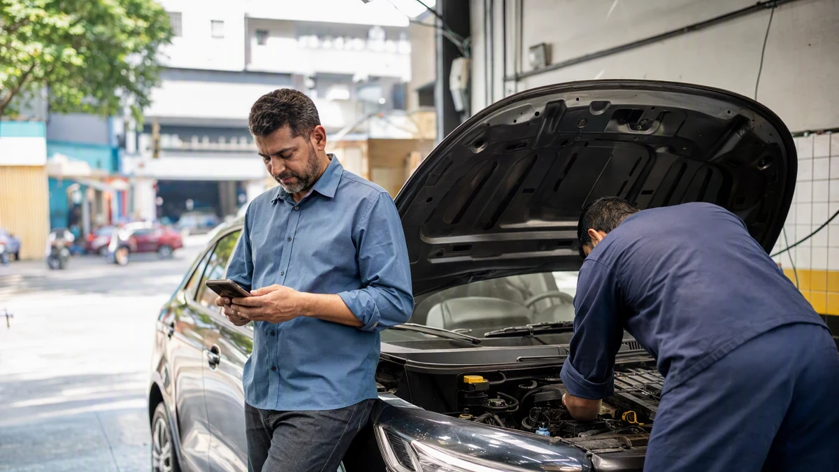 Motorista de aplicativo aguardando ao lado do carro enquanto mecânico verifica o veículo