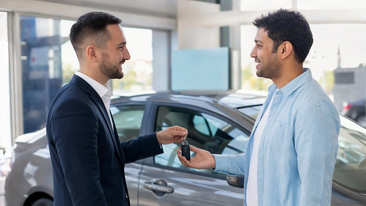 Motorista de aplicativo recebendo as chaves de um carro novo em concessionária
