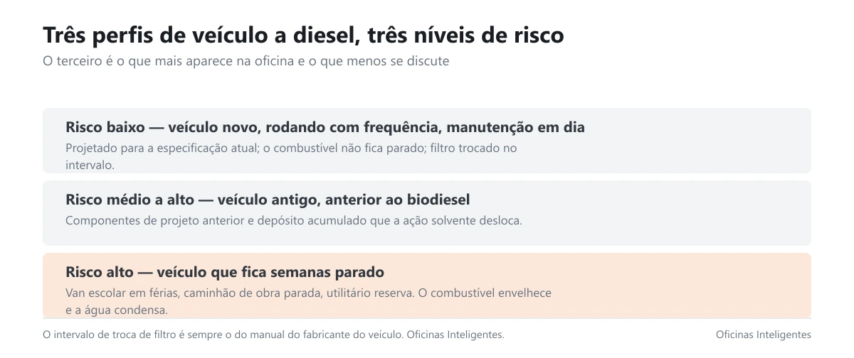 Card com os três perfis de risco de veículo a diesel e o motivo de cada um