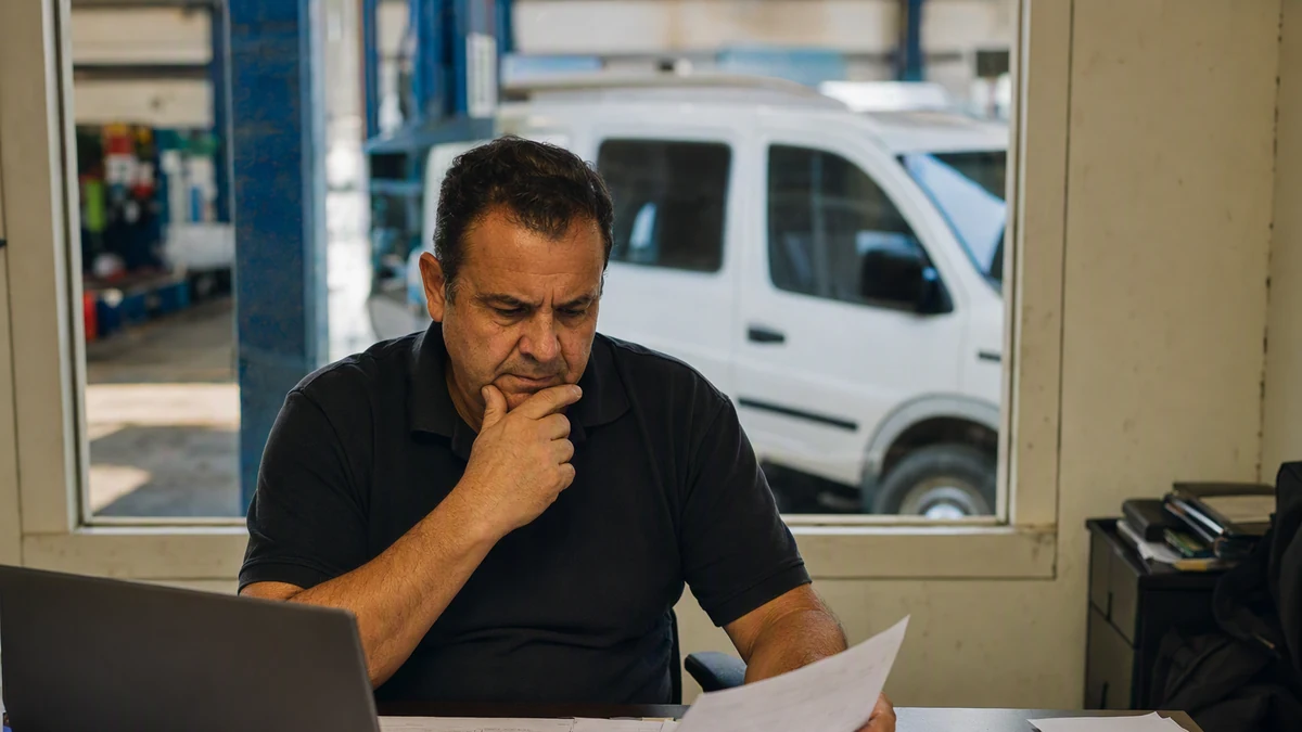 Dono de oficina no escritório, entre documentos e computador, avaliando uma decisão